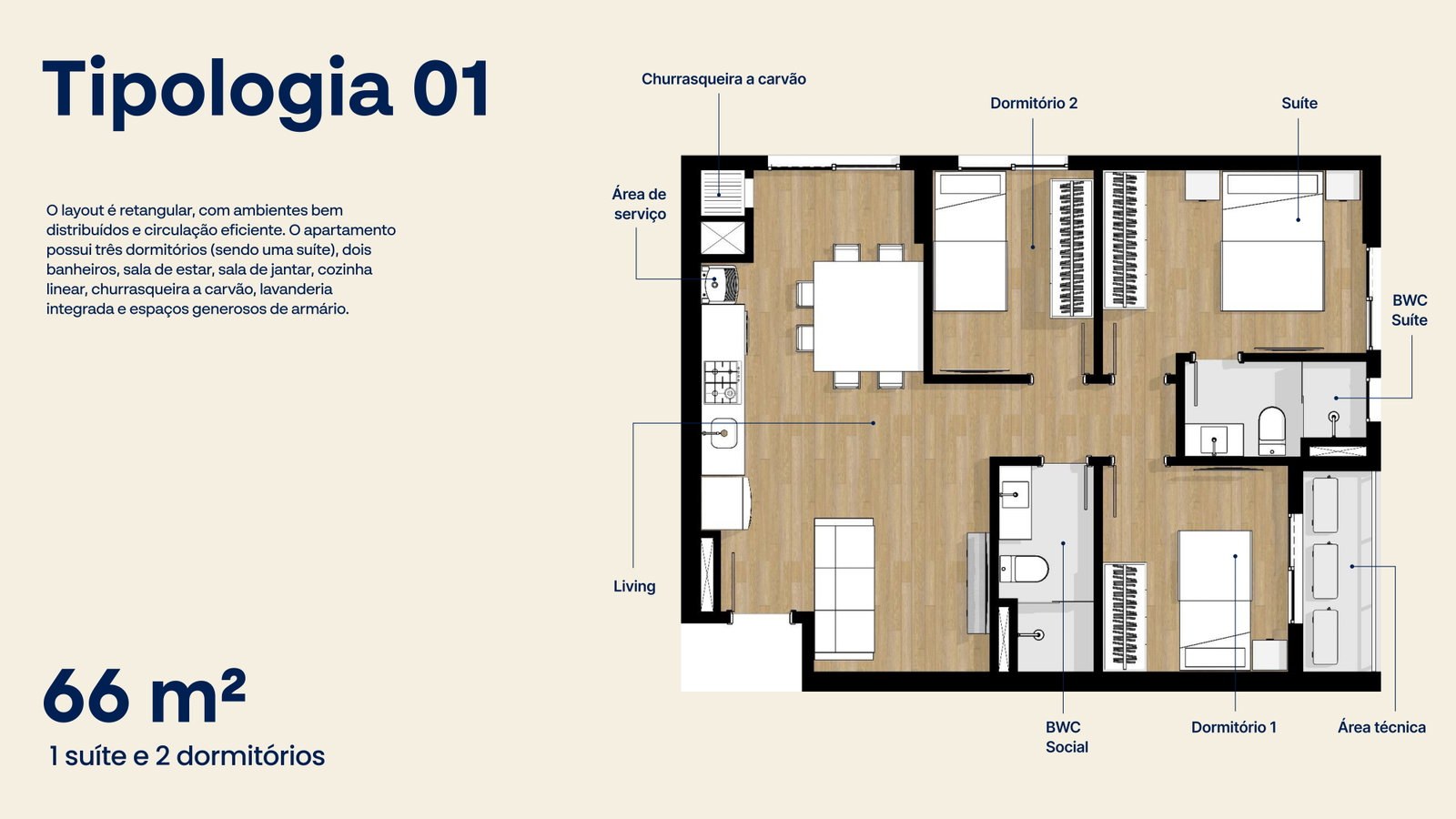 Planta da tipologia 01 do Portovelas — 66 m², 1 suíte e 2 dormitórios